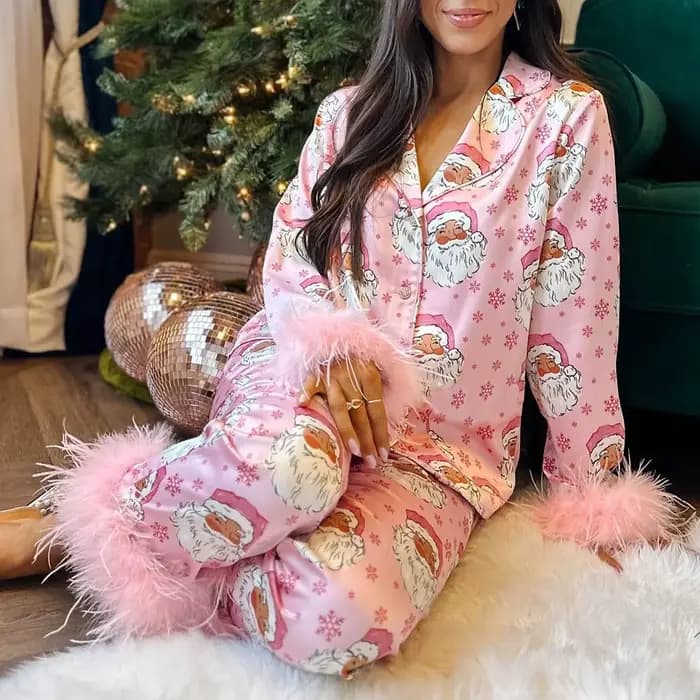 Noël femmes 2 pièces pyjama ensemble à manches longues gland clapet revers boutonné chemise hauts pantalons vêtements