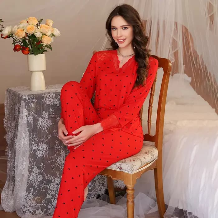 Ensemble de pyjama pour femmes avec imprimé cœur rouge