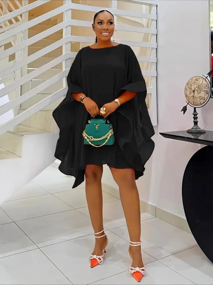 Femmes élégantes robes Simple solide en mousseline de soie col rond manches cape ample taille moyenne casual dîner