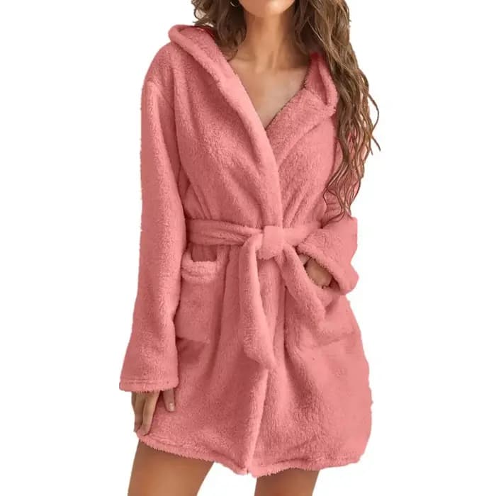 Hiver femmes Robe de bain moelleux en peluche pyjamas dames Sexy à capuche Robe de couleur unie chau