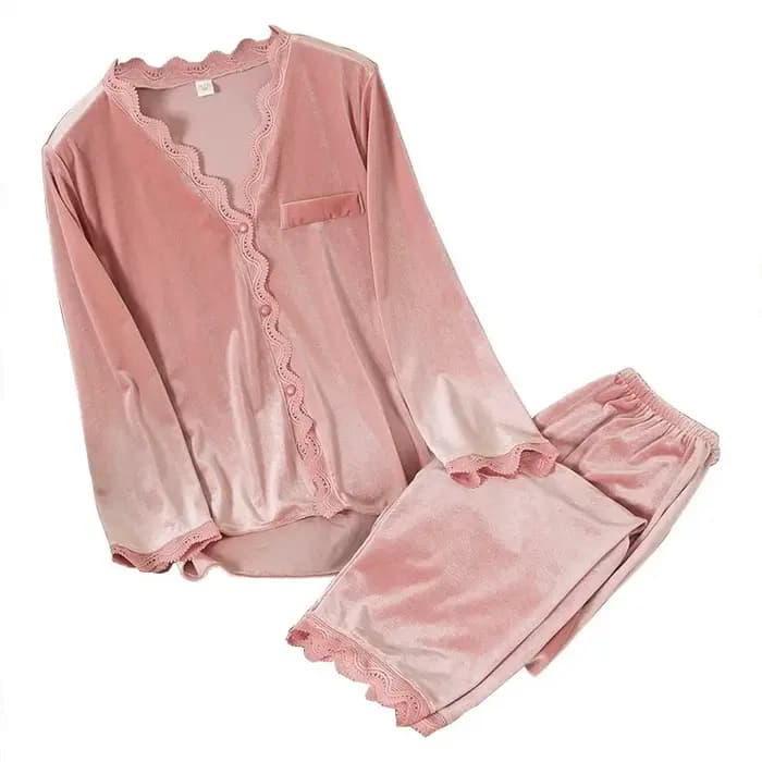 Nouveau velours vêtements de nuit femmes dentelle douce à manches longues deux pièces ensemble peut être porté à