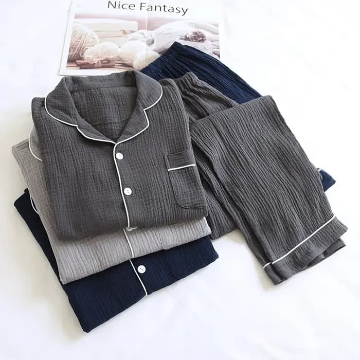 Ensemble de pyjama pour homme en gaze double couche 100% coton. Vêtements de détente classiques à manches longues