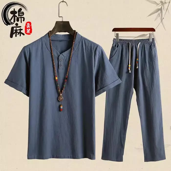 Pyjama en lin de coton pour hommes Pyjamas à manches longues printemps et automne Vêtements de nuit minces Grande
