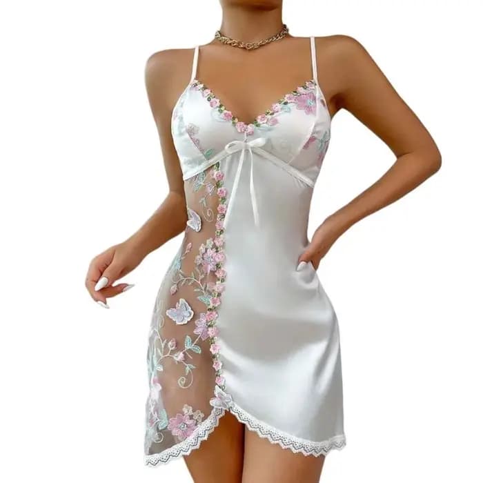 Robe de nuit pour femme en dentelle fine avec nœud, broderie fleurs et papillons, en soie glacée, à