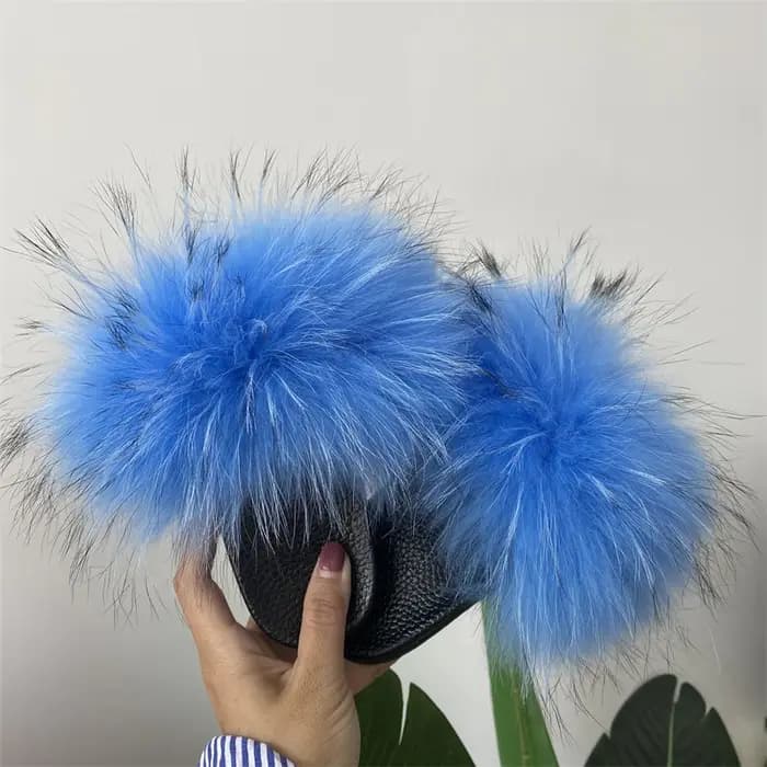 Pantoufles colorées en fourrure de renard pour femmes et enfants