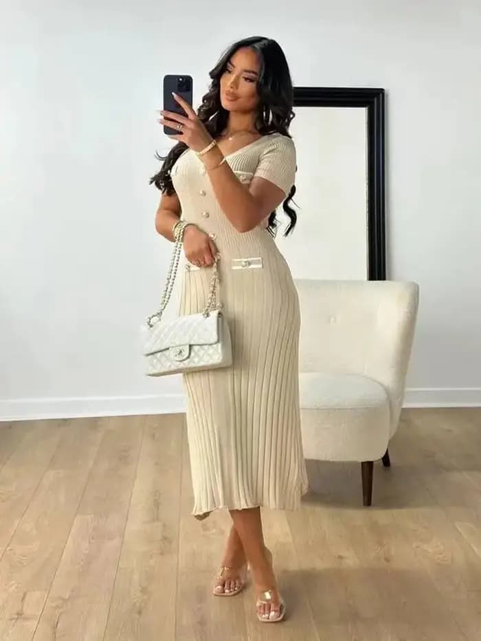 Robe longue tricotée élégante pour femmes, tenue de bureau, manches courtes, col en V, simple bouton