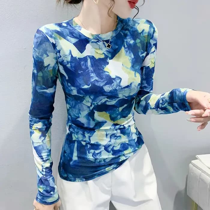Taille S-3XL Automne Printemps Manches sulfO-cou T-shirt Bol Solide Extensible Imprimé Maille Économie Y-Femmes Tees