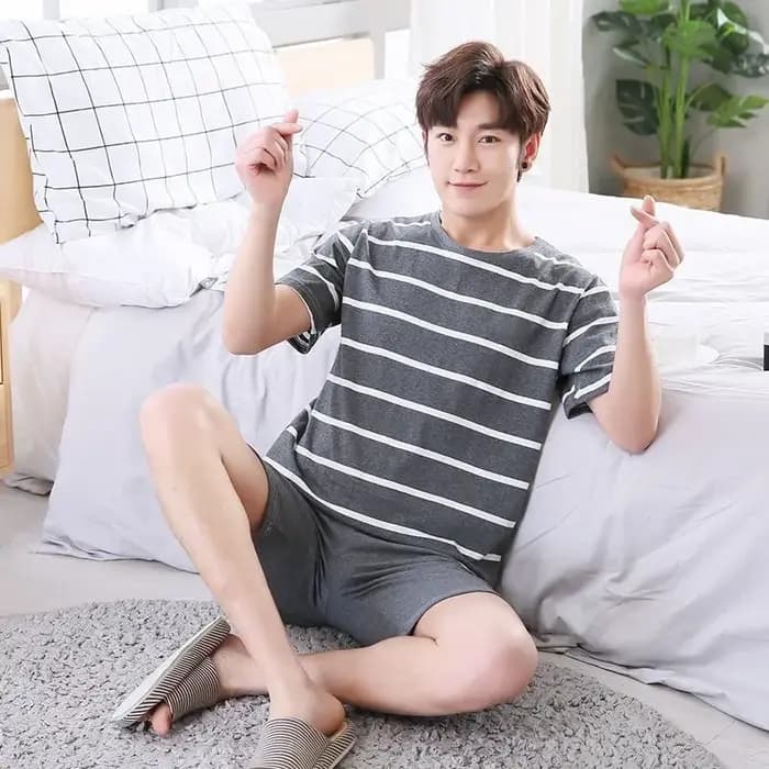 Ensemble de pyjama d'été pour homme : haut à manches courtes et short, style étudiant jeune avec ray