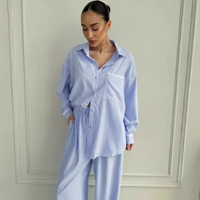 Rayé vêtements de nuit pour femmes 2 pièces costume à manches longues chemise