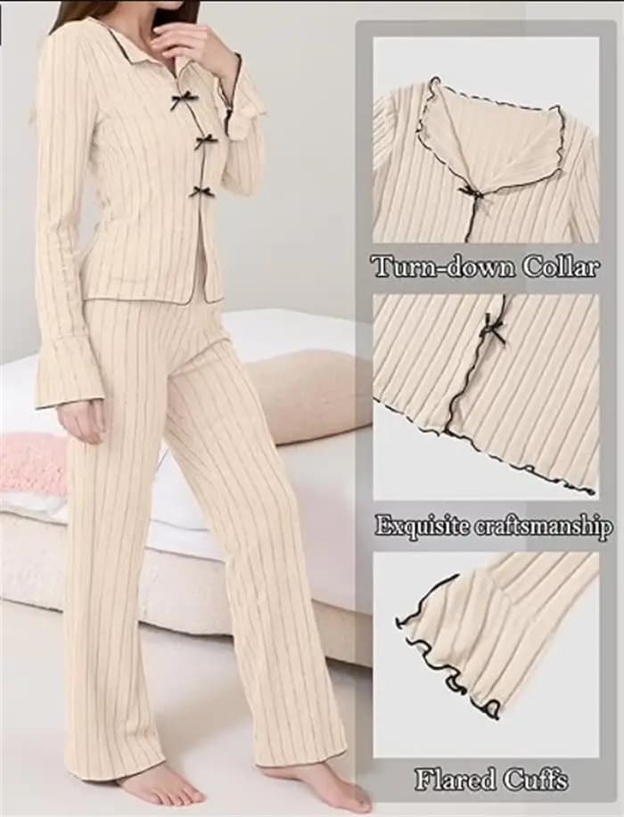 Ensemble de pyjama en tricot côtelé à manches longues pour femmes