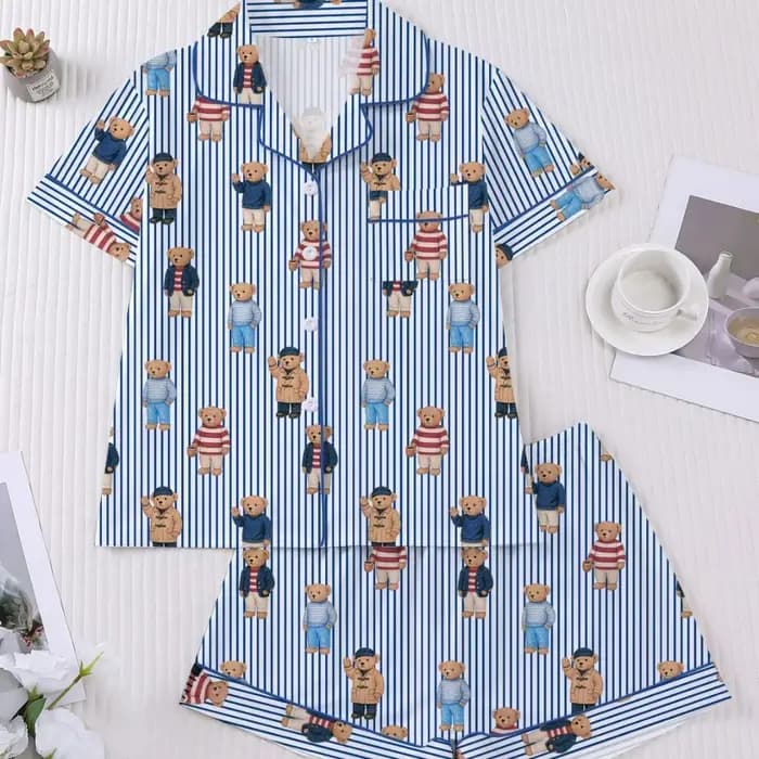 Pyjama femme avec ours à pois rayures imprimé bleu revers manches courtes pantalon court