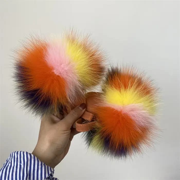 Pantoufles colorées en fourrure de renard pour femmes et enfants