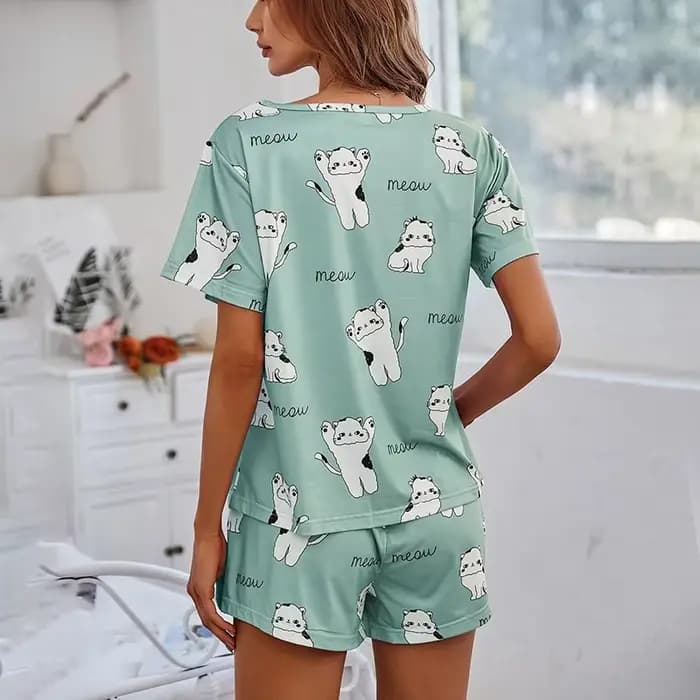 Ensemble pyjama imprimé chat dessin animé pour femme