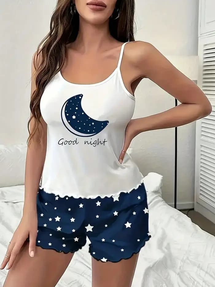 Pyjama femme 2 pièces, imprimé lune et étoiles