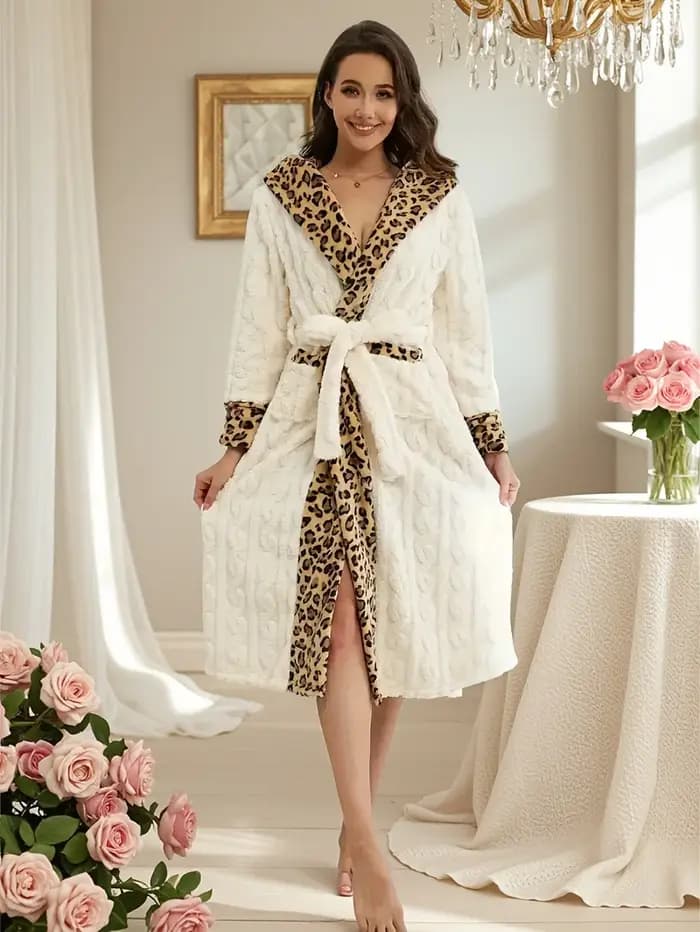 Peignoirs pyjamas pour femmes 2026 : Magnifique peignoir en flanelle à imprimé léopard avec lacets