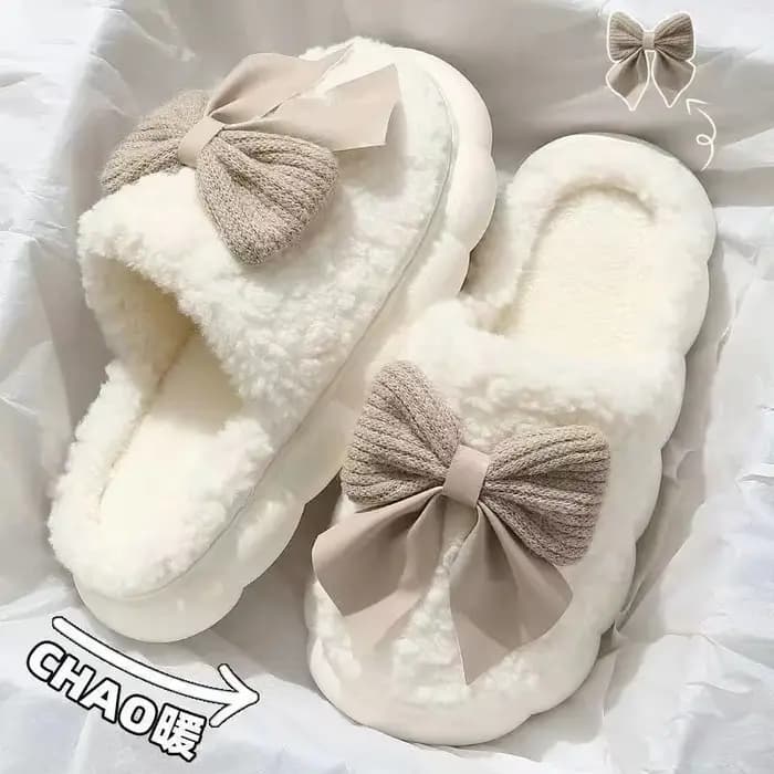 Pantoufles chaudes d'hiver en fourrure pour femmes, chaussures souples antidérapantes avec nœud mignon, confortables à talon plat, pantoufles d'intérieur en peluche pour chambre à coucher, 2025