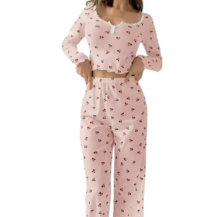 Nouvel ensemble décontracté imprimé cerises pour femme – Vêtements de détente et pyjamas à manches longues