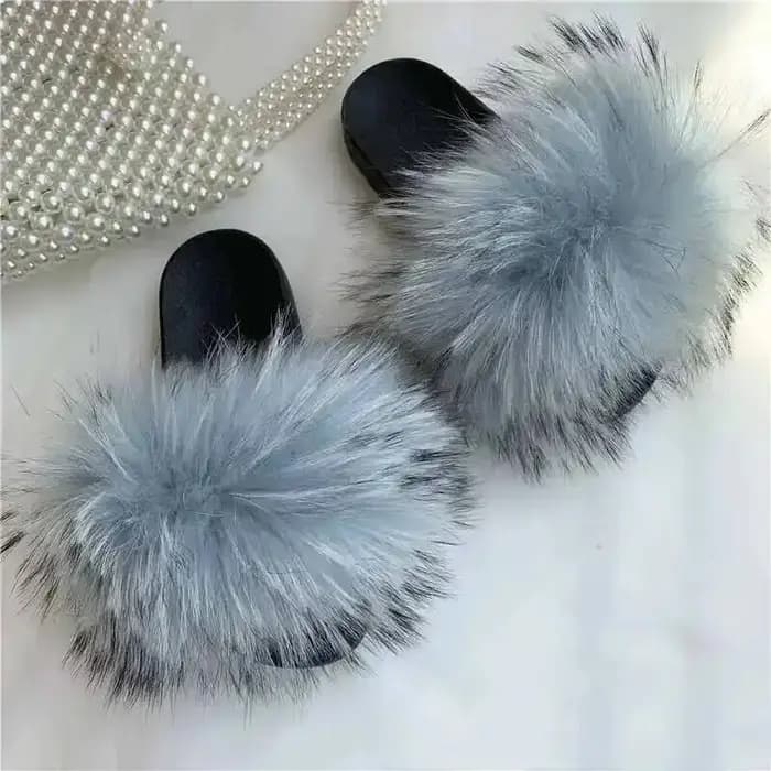 Pantoufles en fourrure de raton laveur naturelle pour femmes