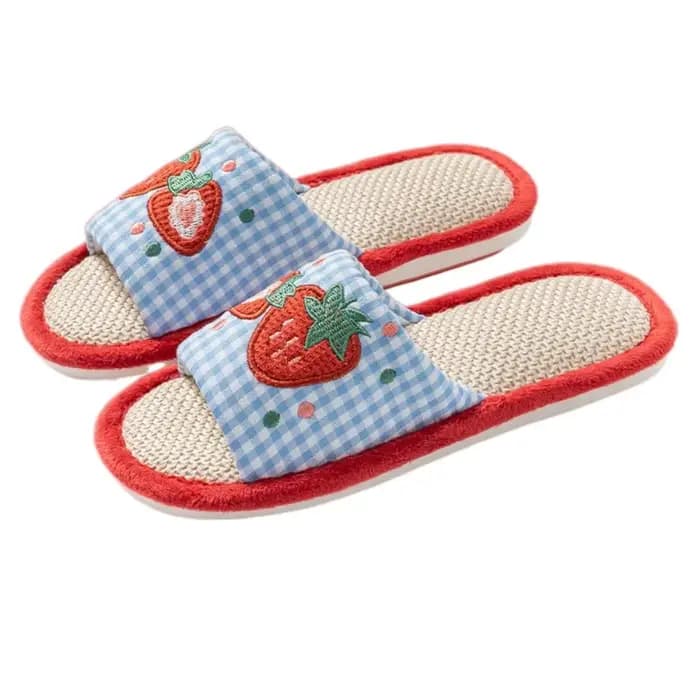 Kawaii fraise maison lin pantoufles anti-dérapant lin doux pantoufles femmes grille rayure semelle s