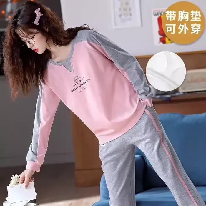 2024 Nouveau pyjama femme avec coussin de soutien-gorge printemps et automne coton Ins manches longues