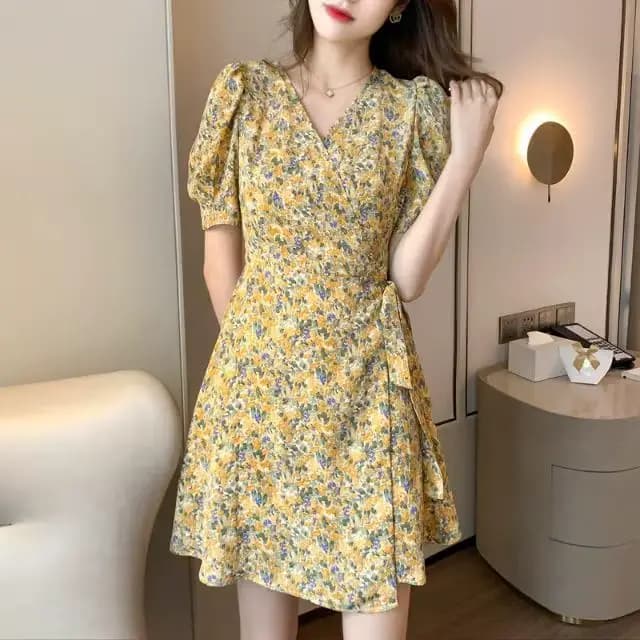 Robe Midi légère en mousseline de soie, manches bouffantes, style coréen, motif Floral, décontractée