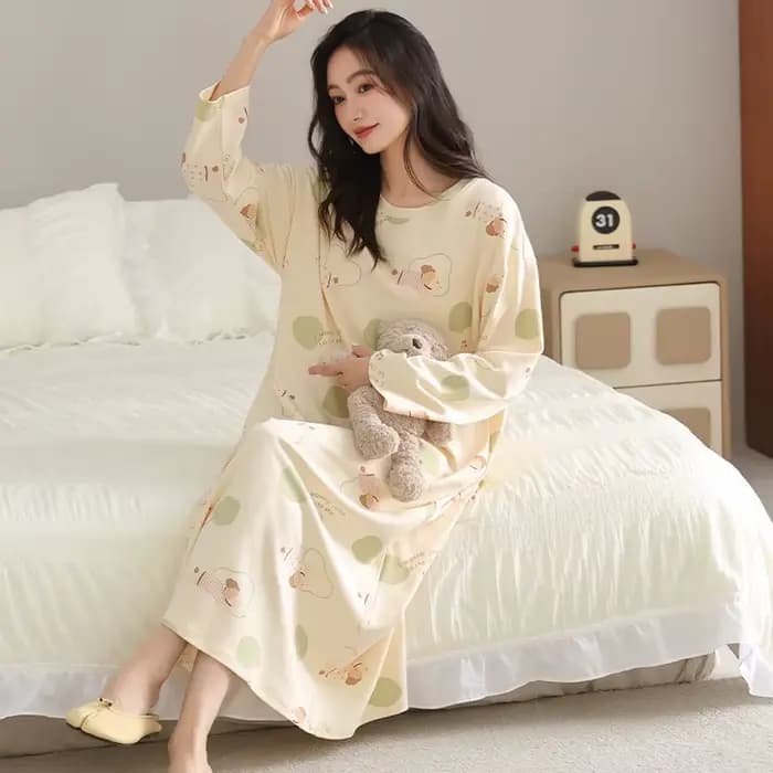 Nouvelle Robe de Nuit Femme à Manches Longues 100% Coton – Chemise de Nuit
