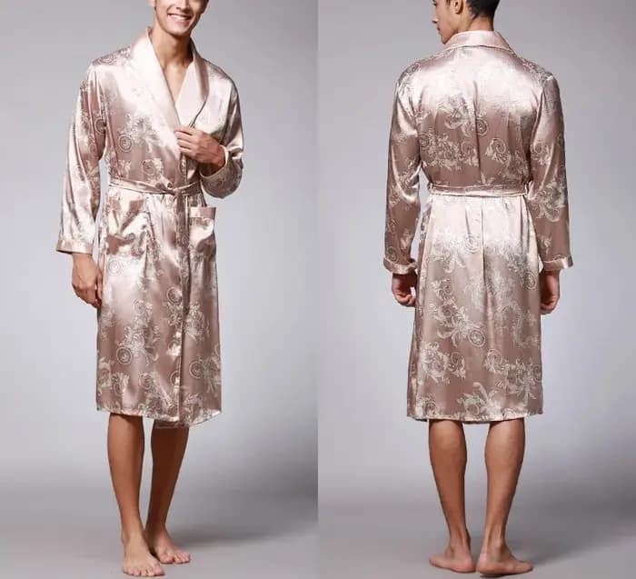 Peignoir d'été à manches longues pour hommes, en Satin de soie, Dragon doré, longue, longueur aux ge