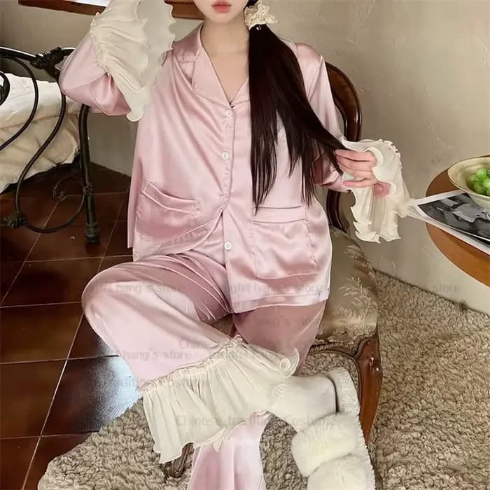 Nouveau rose Style princesse haut pantalon 2 pièces pyjama costume manches évasées vêtements de nuit femmes rayonne