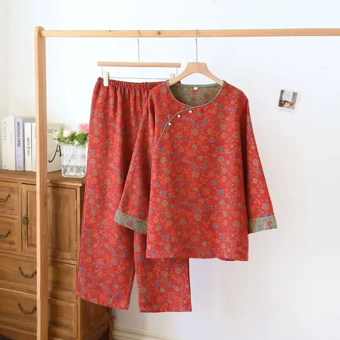 Pyjama en fil de coton teint en fil pour femme, manches longues, vêtements de détente de style fjRet