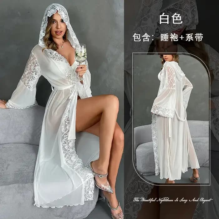 Luxe dentelle garniture à capuche longue Robe Kimono maille peignoir printemps été femme vêtements de nuit