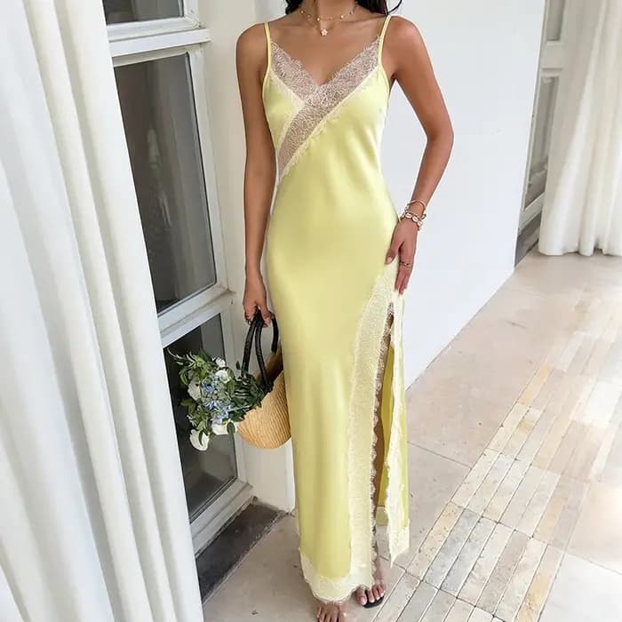 Robe longue sexy en dentelle patchwork pour femme