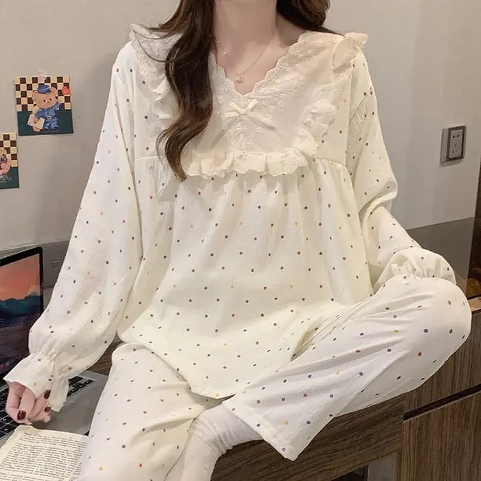 Ensemble de pyjama pour femmes à pois colorés printemps-automne, ensemble de pyjama décontracté simple 2 pièces, pyjama à col en V, vêtements de nuit doux, vêtements de maison PJS