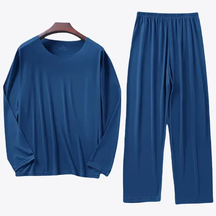KIDWHXR Ensemble pyjama 2 pièces en soie glacée pour homme – Haut à manches longues simple et pantalon à taille élastique – Tenue de détente douce et respirante pour homme