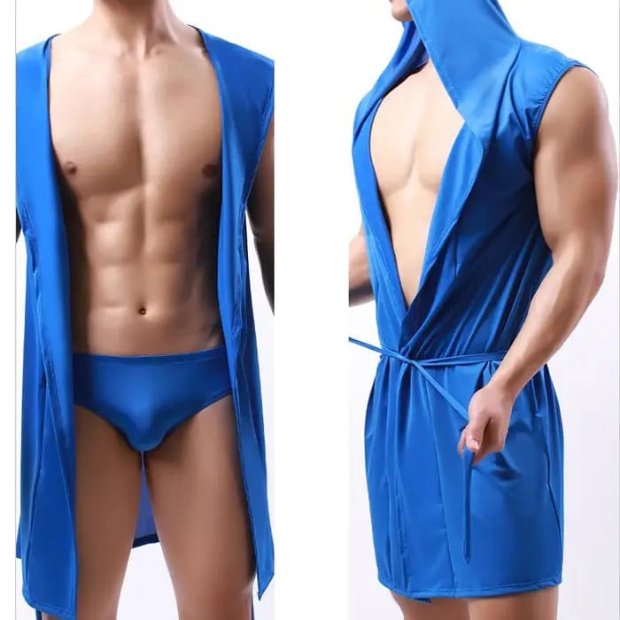 Hommes peignoir à capuche maille soie voir à travers sans manches serviette longue Robe de bain sweats