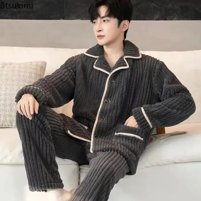 Offre Spéciale – Ensembles de Pyjama Homme Automne-Hiver en Velours Corail Épais et Chaud – Tenue de Nuit Ample et Confortable en Flanelle – Vêtements d'Intérieur Masculins