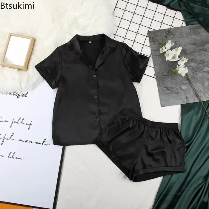 Pyjama en satin de couleur unie avec short, ensemble de vêtements de nuit en soie pour femmes, pyjama décontracté à manches courtes, ensembles de pyjama pour femmes, vêtements de maison d'été