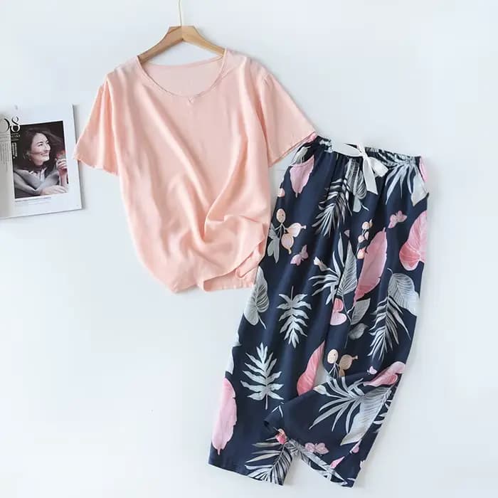 Femmes élégant 2 pièces imprimé fleuri vêtements de ménage dames ample mince rayonne pyjamas ensemble multicolore coton