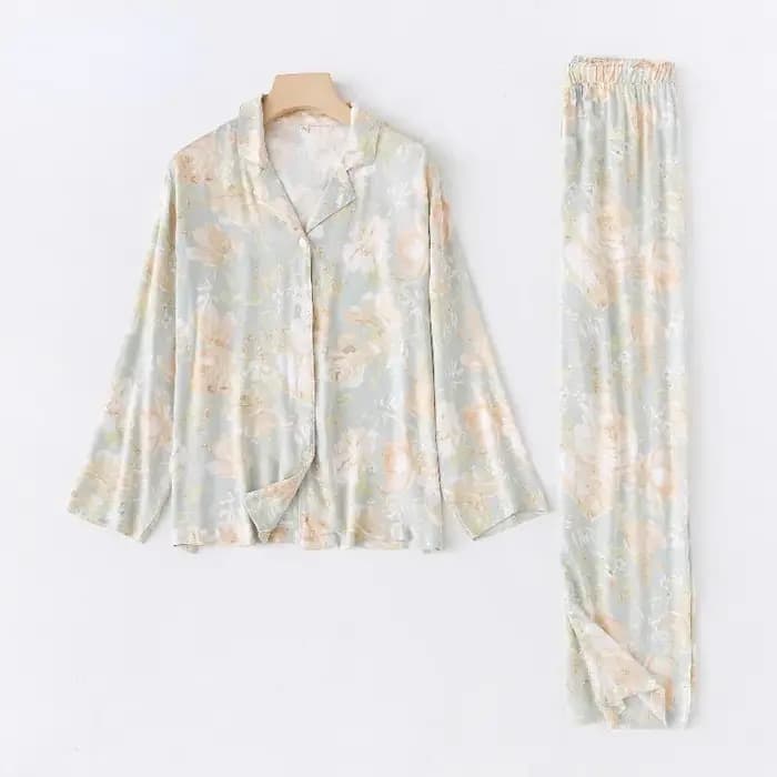 Ensembles de pyjamas à manches longues College de fleurs vertes en viscose fraîche pour femmes, vêtements de nuit pour la maison, pyjama d'automne