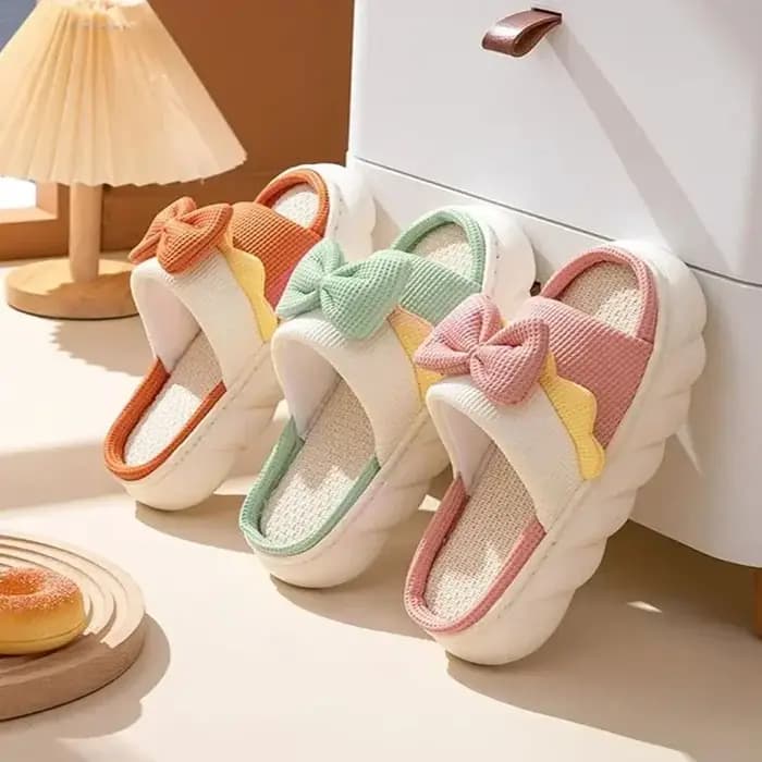1 paire antidérapant nœud papillon femme lin pantoufles semelle épaisse orteil et trou nœud