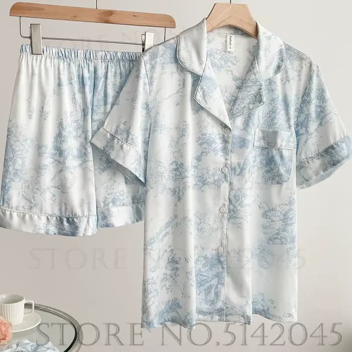 Été femmes à manches courtes Pyjamas ensemble Shorts vêtements de détente Sexy imprimé Satin vêtemen