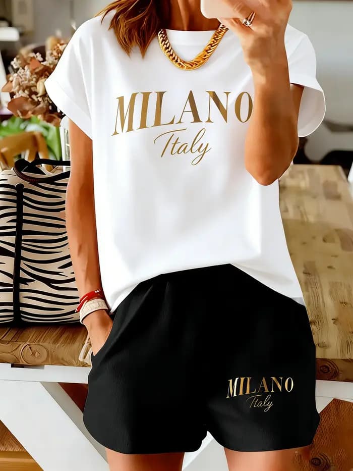 Ensemble femme Milan à imprimé lettres - Manches courtes et short - Tendance mode féminine décontractée et confortable