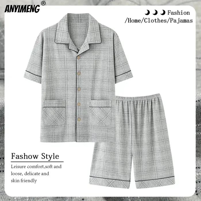 Pyjama gris à revers pour hommes, cardigan, vêtements de maison pour gentleman, short d'été, vêtements de salon en coton, grande taille, 3XL, 4XL, vêtements de nuit