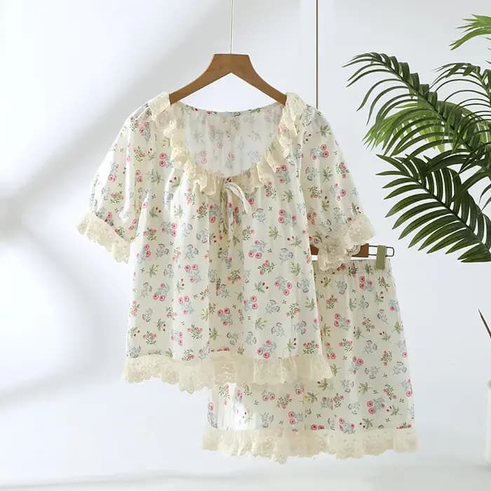 Pyjama en dentelle à manches courtes et col en v pour femmes