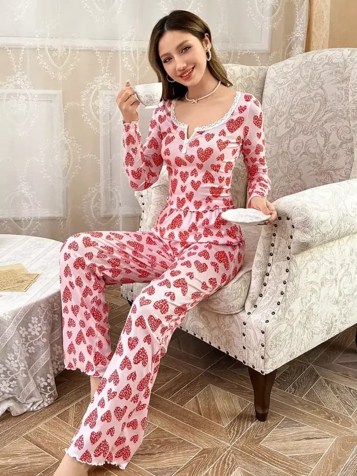 Ensemble pyjama 2 pièces pour femme en tricot côtelé avec imprimé cœur