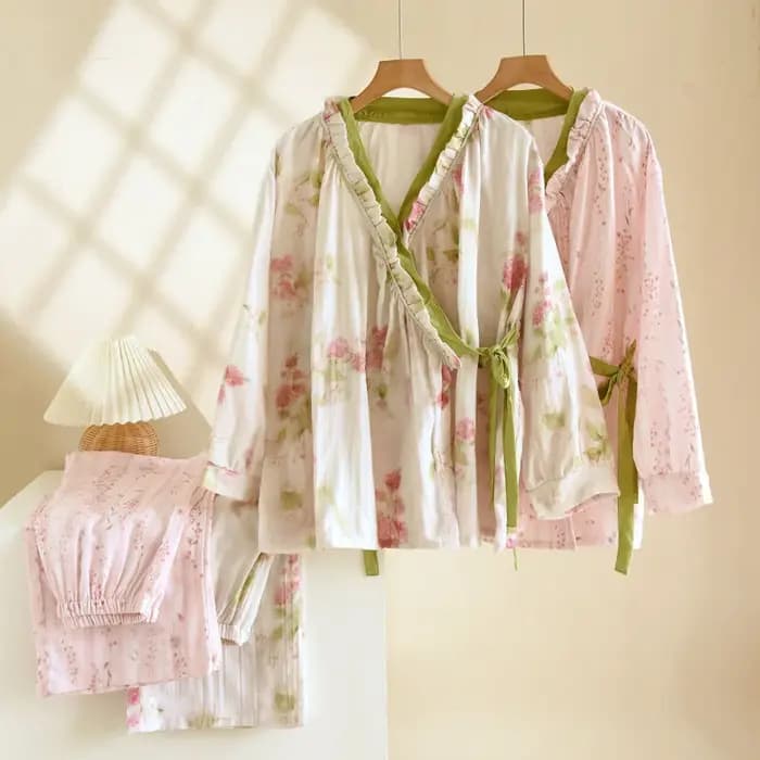 Pyjama chinois style kimono pour femme, collection printemps-automne 2025 – Nouveau cardigan ample à manches longues en pur coton pour la maison