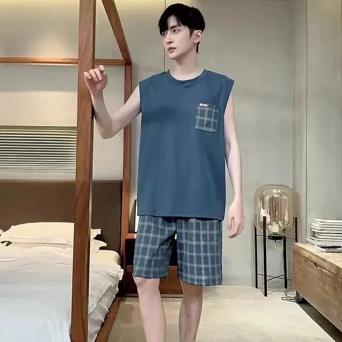Ensemble de pyjama d'été pour homme, short à carreaux et gilet sans manches, deux pièces, vêtements de nuit sportifs avec badge brodé, pyjamas cool