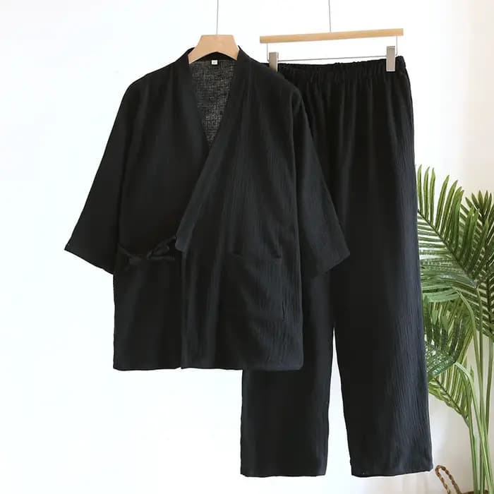 Kimono de Grande Taille avec Poche et Pantalon Long pour Homme, Ensemble de Pyjama en Coton, Vêtemen