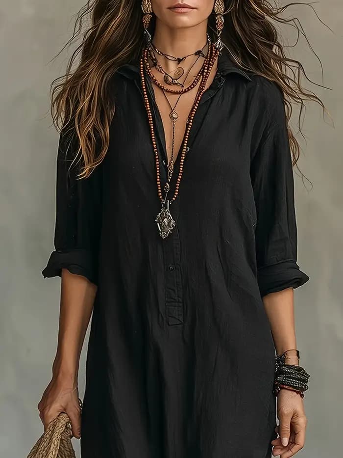 Robe longue en lin noir pour femme - Manches retroussables