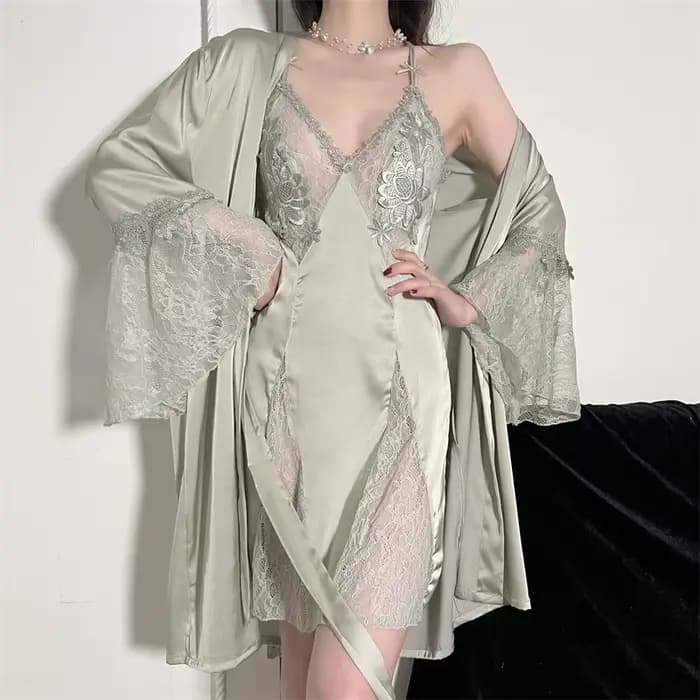 Robe de nuit brodée Sexy pour femmes, ensemble de vêtements de nuit, Patchwork dentelle, rayonne, peignoir décontracté pour la maison, été