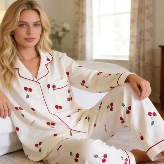 Pyjama imprimé cerise, haut à manches longues et pantalon